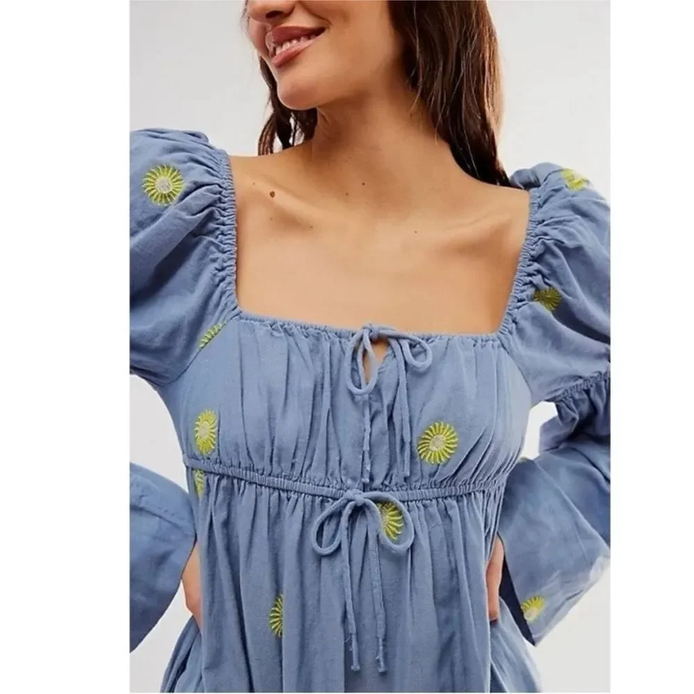 Free People NWT Emory Embroidered Maxi Dress size M in the color blue and yellow - Picture 5 of 9